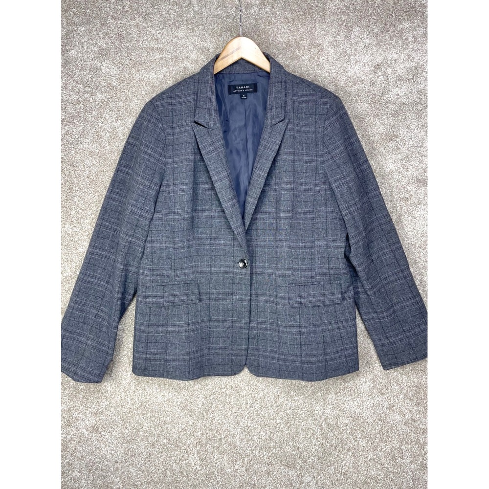 Tahari Glen Plaid Blazer Jacket Womens Sz 18 Grey Single Button Academia Office